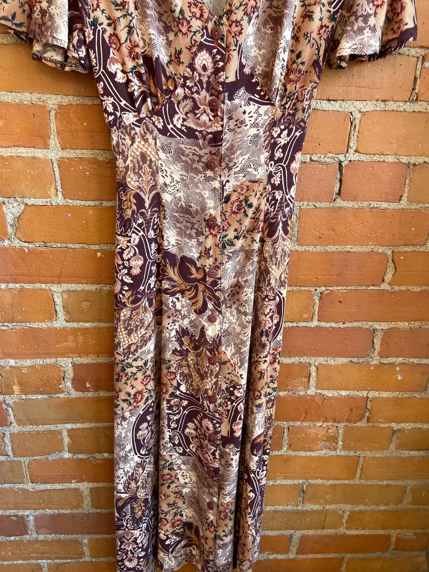 90's Brown Floral & Lace Print Buttoned Maxi Dress