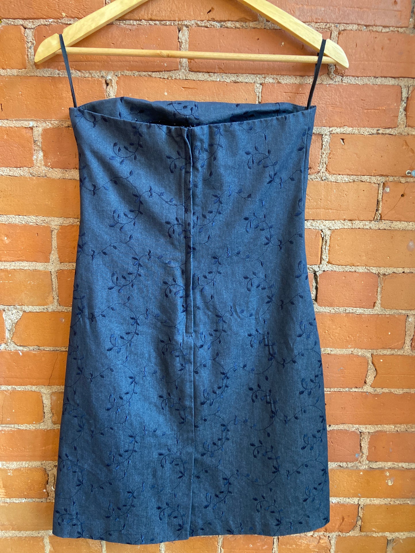 90's Denim Strapless Dress With Embroidered Vines