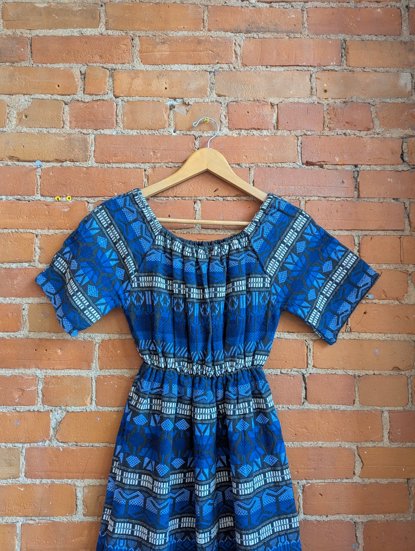 1970s Off the Shoulder Blue, Black and White Woven Dress