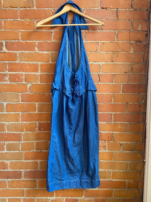 1990s Byron Lars New York Dark Wash Chambray Midi Dress With Corset Back