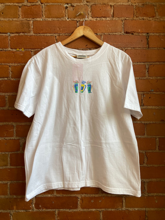 1990s Northern Reflections NWT White T-Shirt With Flower Pot Graphic
