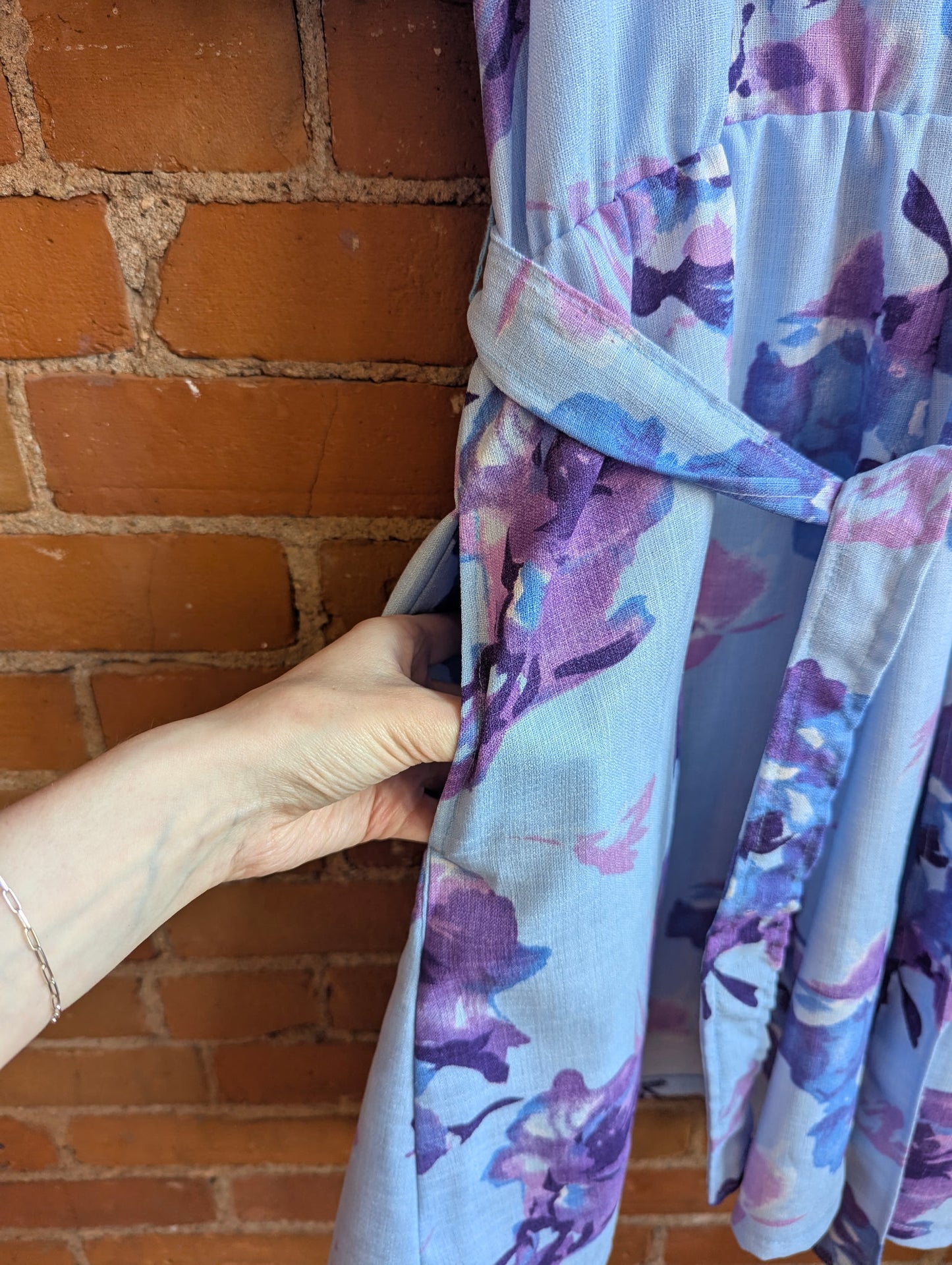 1970s Blue Barkcloth Dress With Purple, Blue and White Floral Print