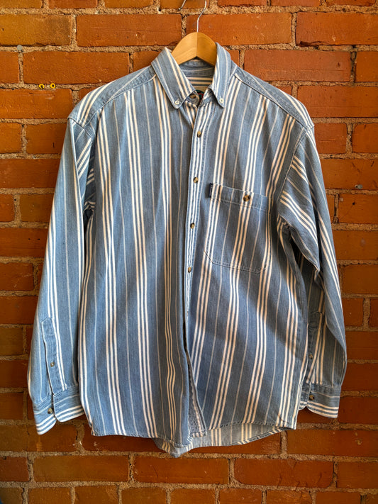 Protest Blue Cotton Denim Stripe Button Down Shirt