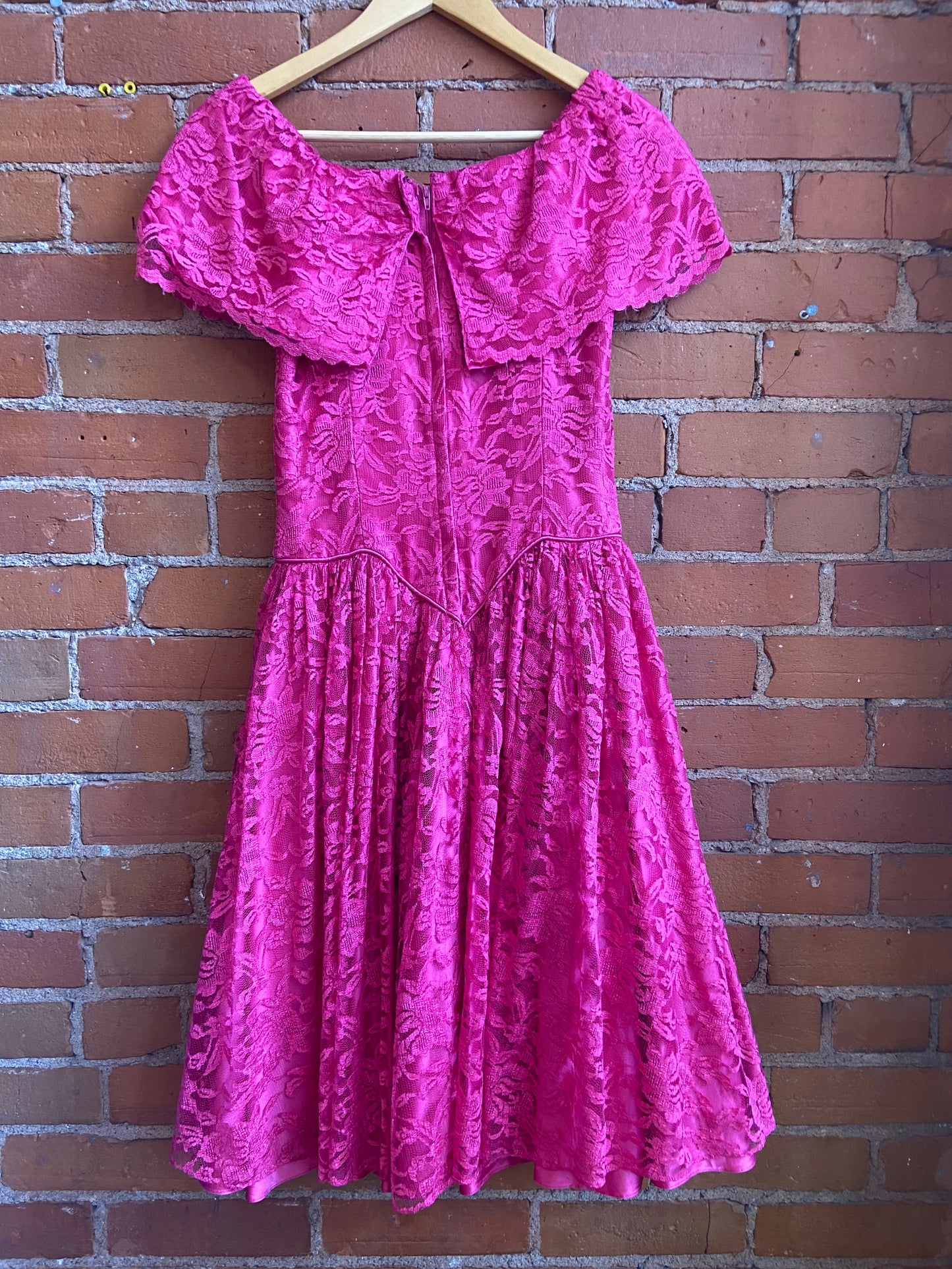 1980s Pink Floral Lace Off-The-Shoulder Dress With Full Skirt and Tulle Crinoline