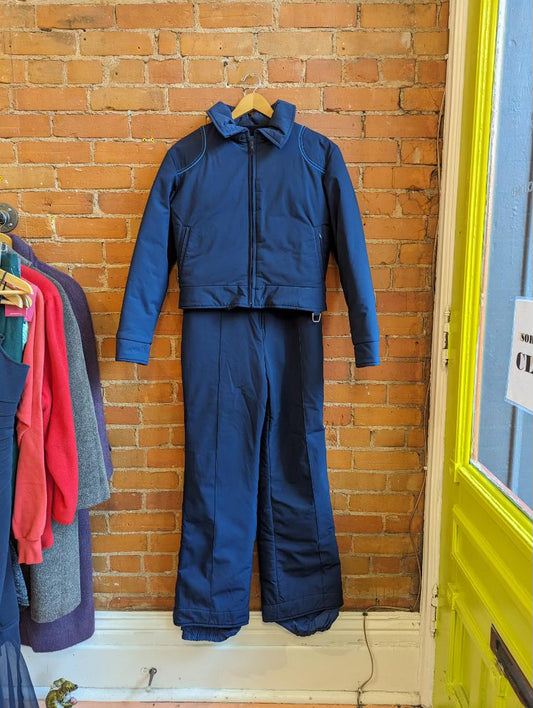 1970s Ditrani Designs Navy Blue Ski Jacket and Overall Snow Pants Set