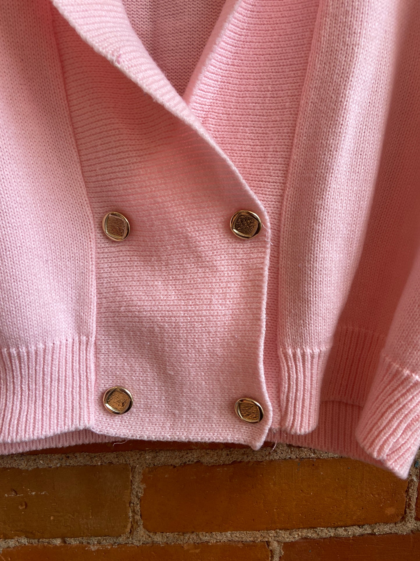 1980s Grace Knitting Baby Pink Shawl Collar Double Breasted Sweater Vest