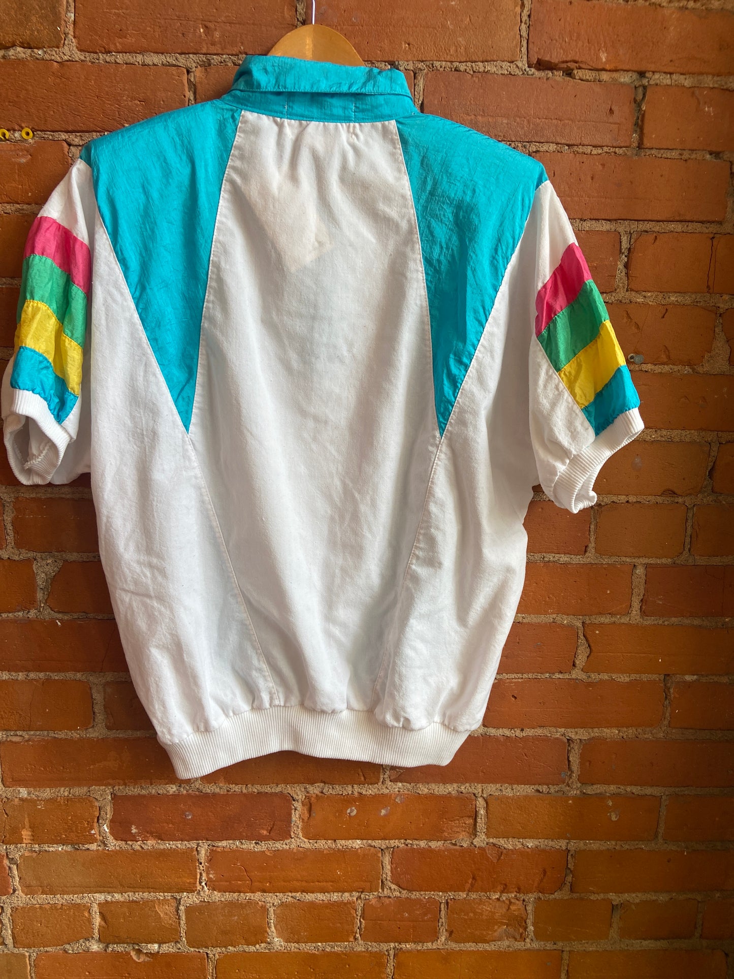 1980s Casual Isle White Polo Shirt With Blue, Yellow, Green and Pink Accents
