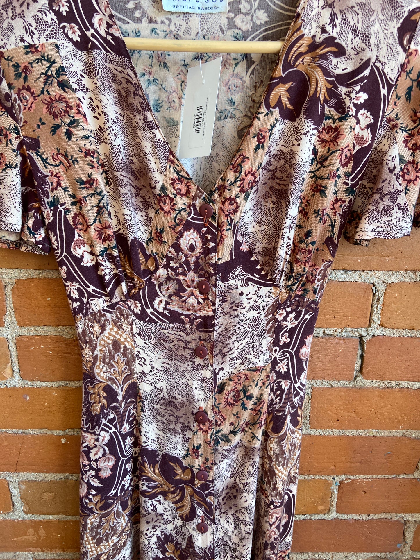 90's Brown Floral & Lace Print Buttoned Maxi Dress