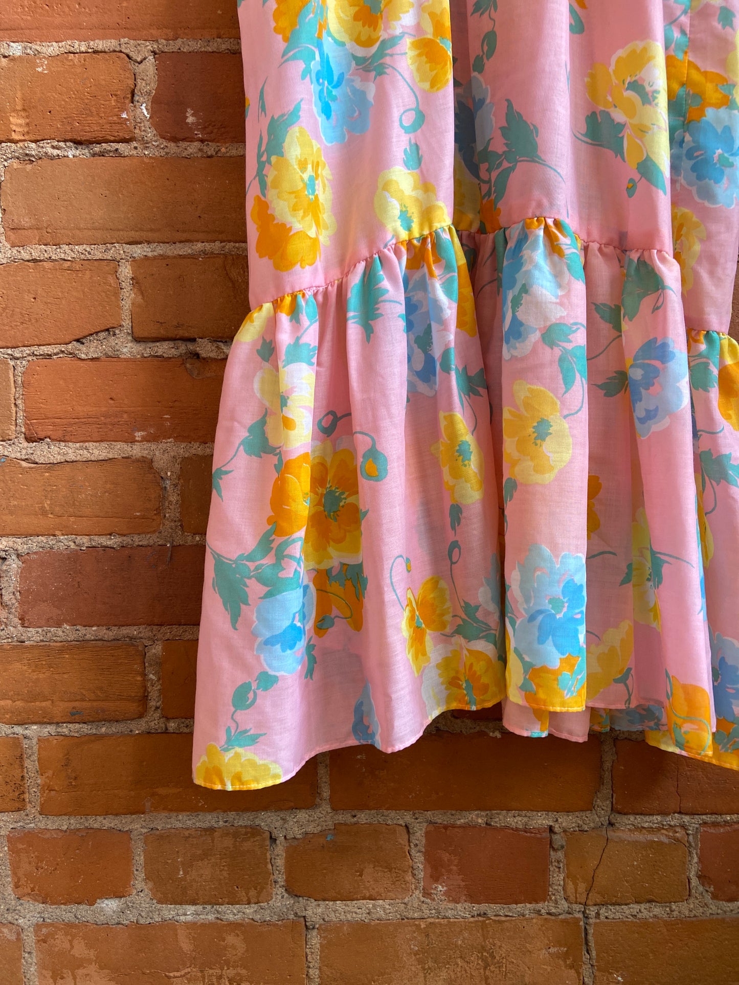 1970s Baby Pink Floral Print Midi Dress With Smocked Bodice and Ruffled Hem