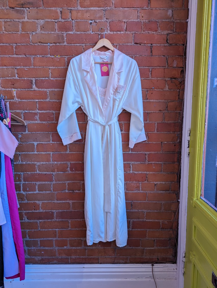 1990s Clasilk Cream and Baby Pink Butterfly Slip Dress and Robe Set