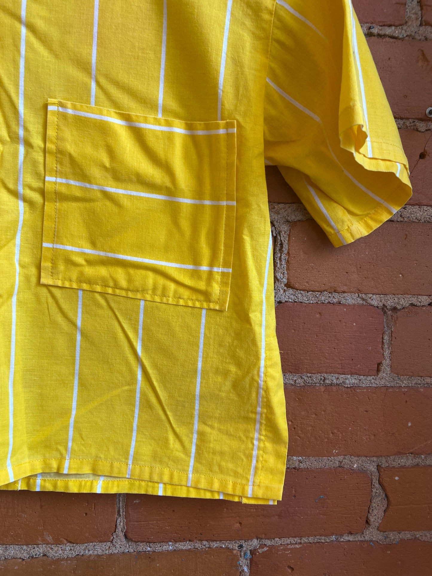1980s Yellow and White Striped Button-Back Short Sleeve Top
