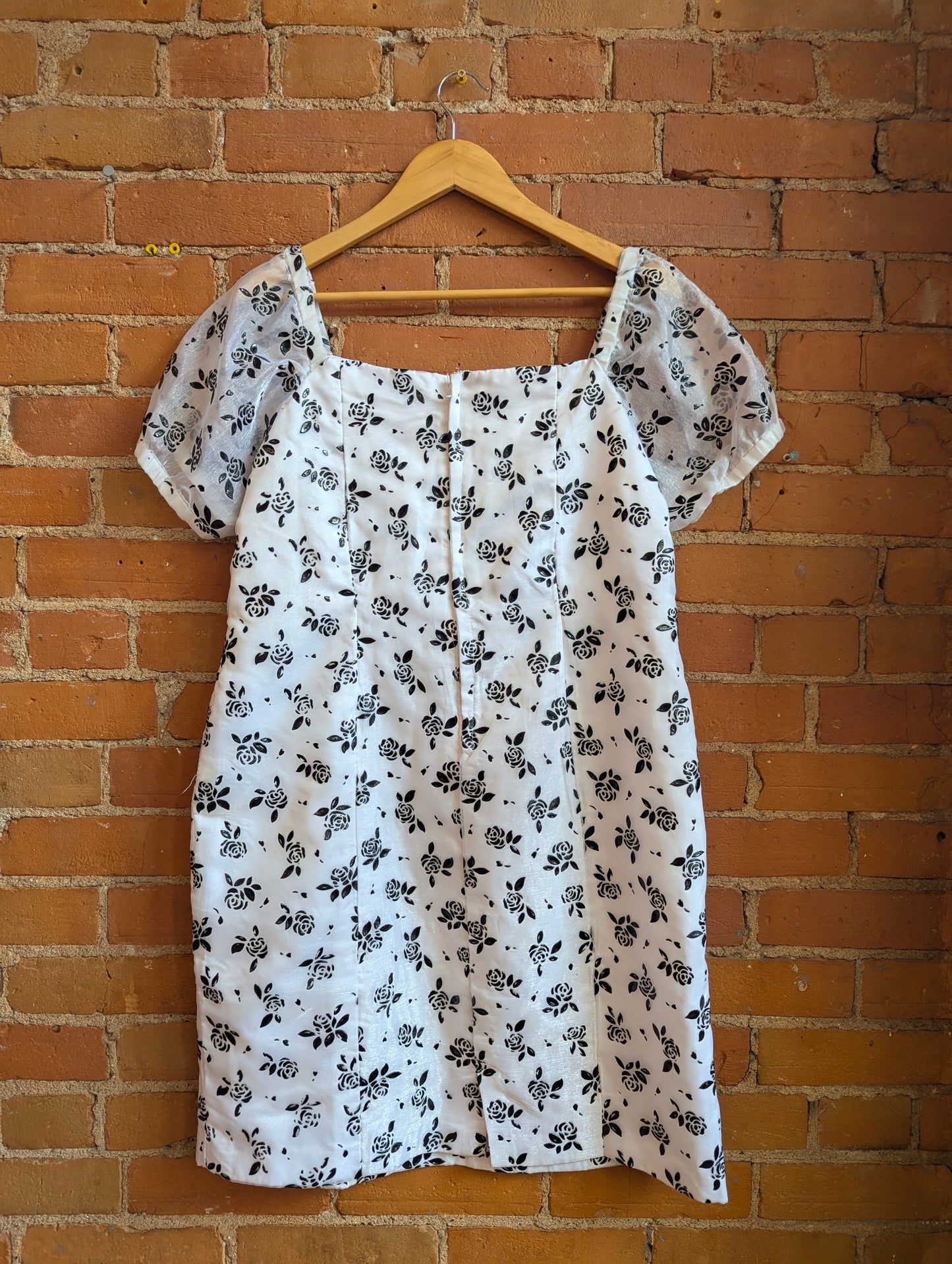 1990s White Puff Sleeve Mini Dress With Black Puff Paint Roses