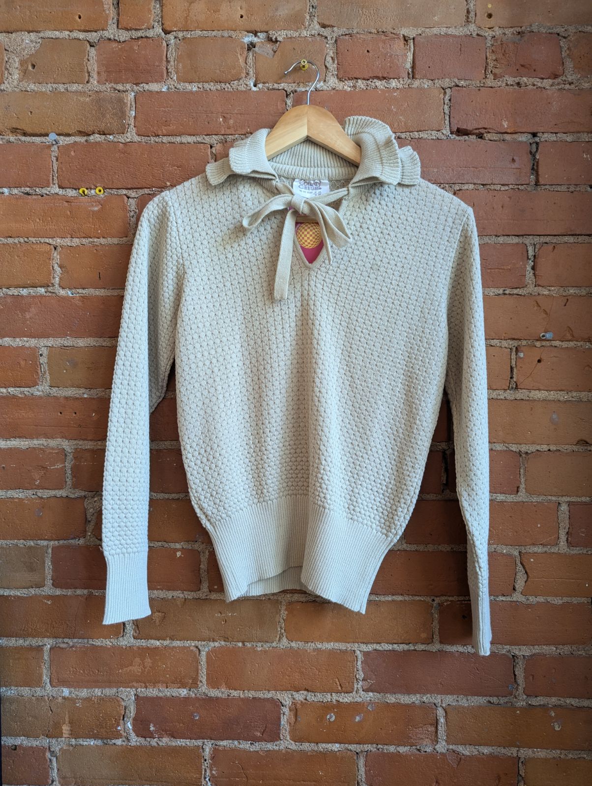 1970s Country Casuals Beige Sweater With Ruffle Neck