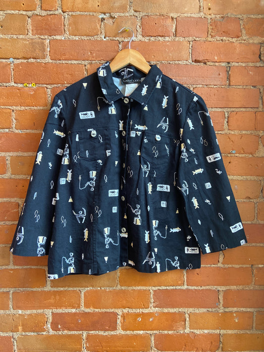 1990s Lana Lee Black Three-Quarter Sleeve Jacket With Abstract Fish Print