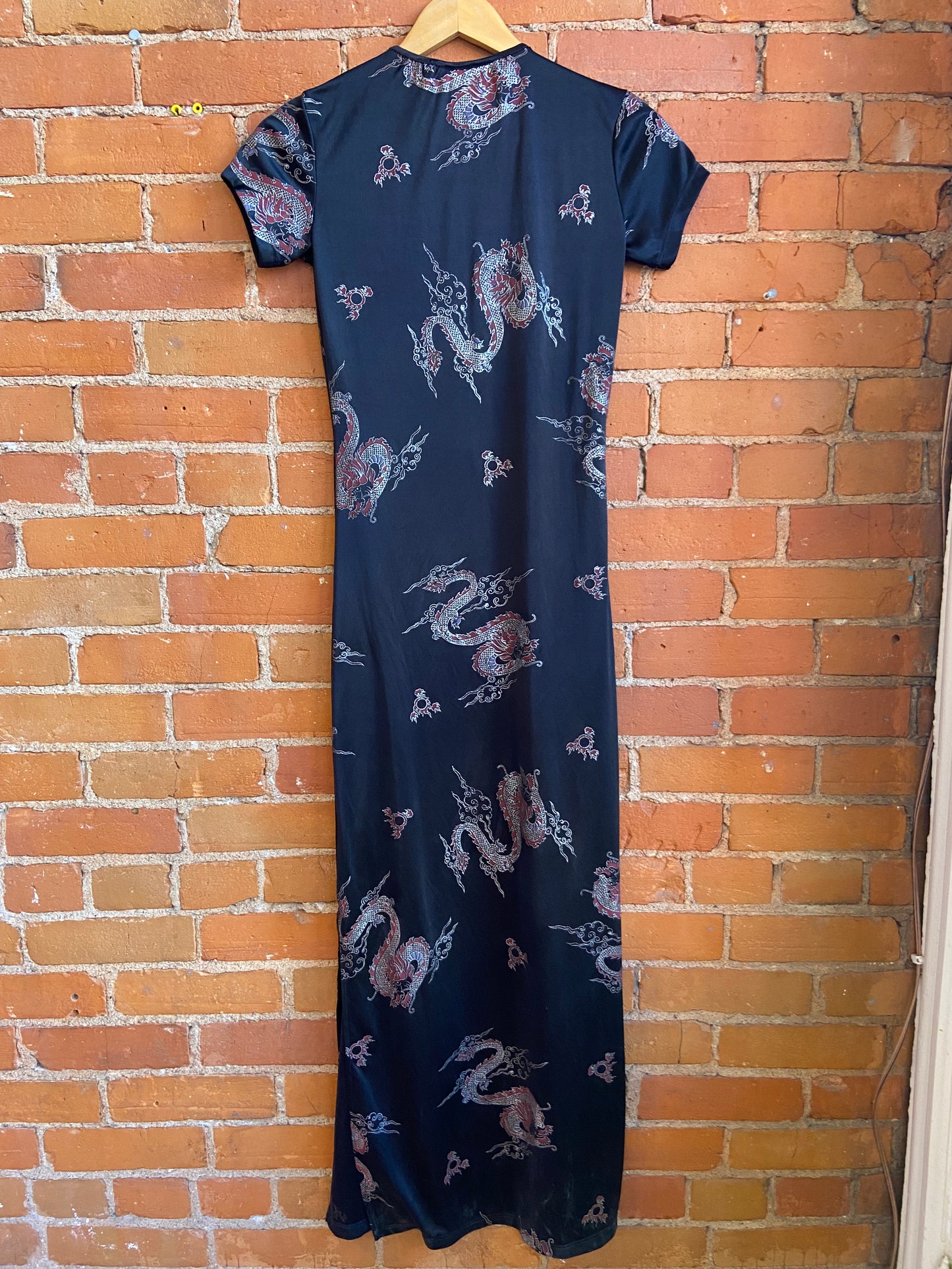 1990s Le Chateau Black Dragon Print Maxi Dress