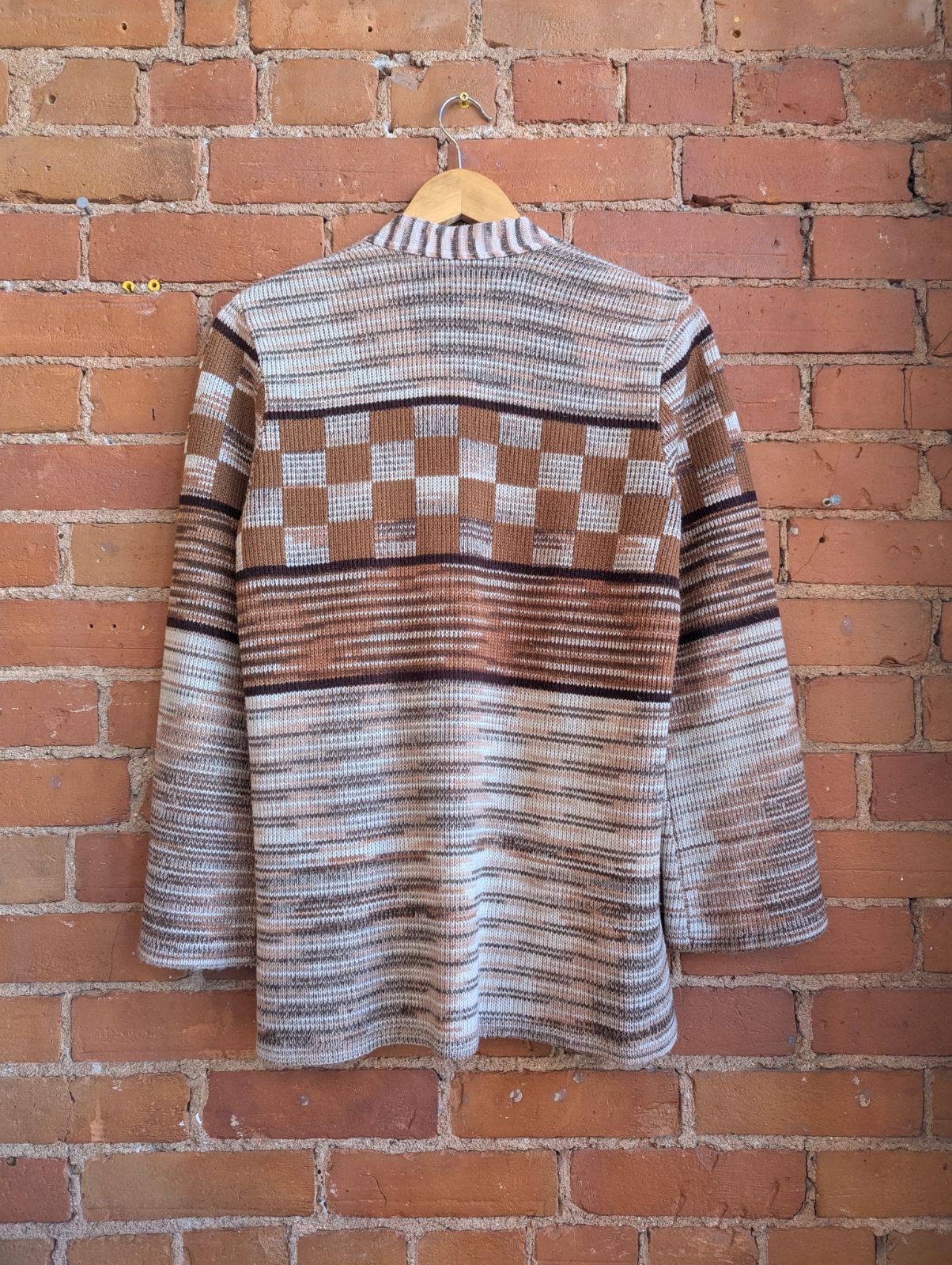 1970s Excelsior Brown Striped and Checkered Cardigan With Bell Sleeves