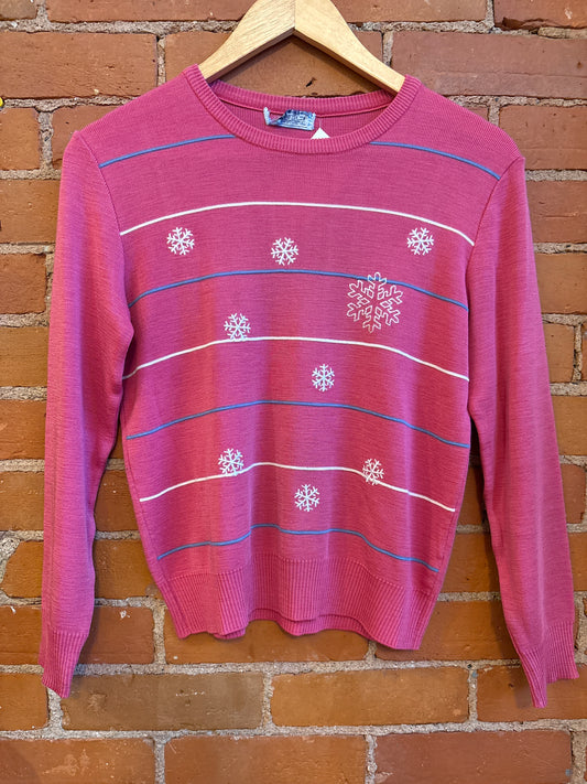 Fine-Knit Pink Snowflake Sweater