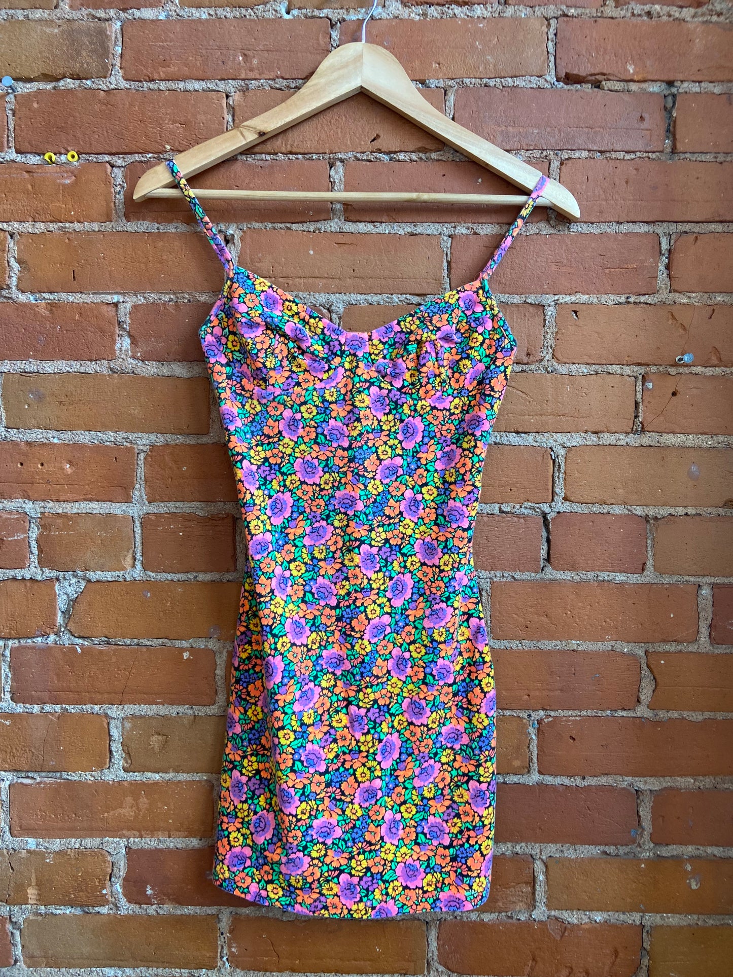 1990s Christina Bodycon Mini Dress With Colourful Neon Floral Print