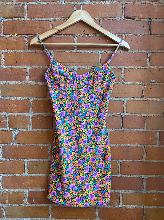 1990s Christina Bodycon Mini Dress With Colourful Neon Floral Print