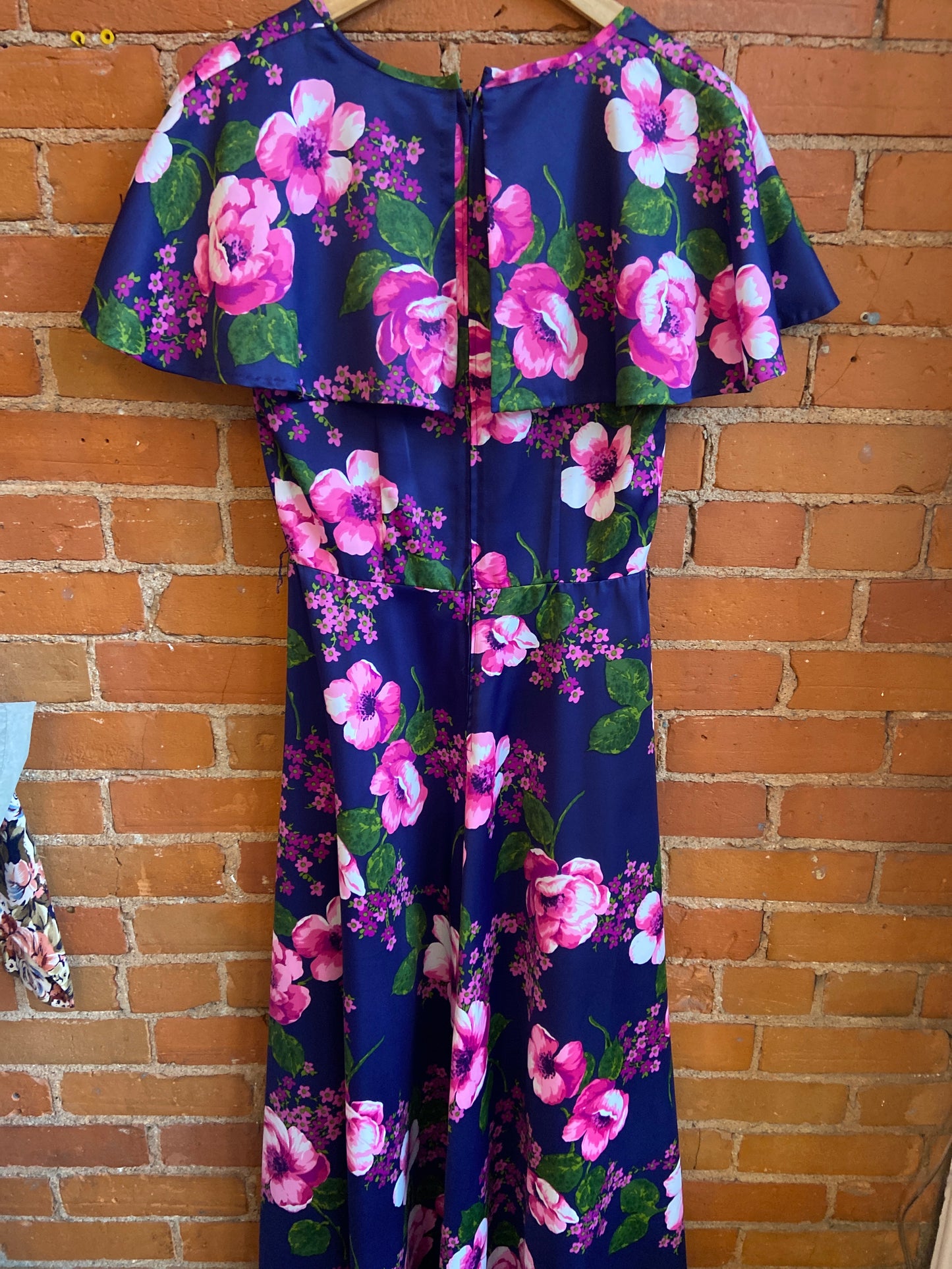 1970s Navy Blue Maxi Dress With Ruffled Neckline and Purple, Pink and Green Floral Print