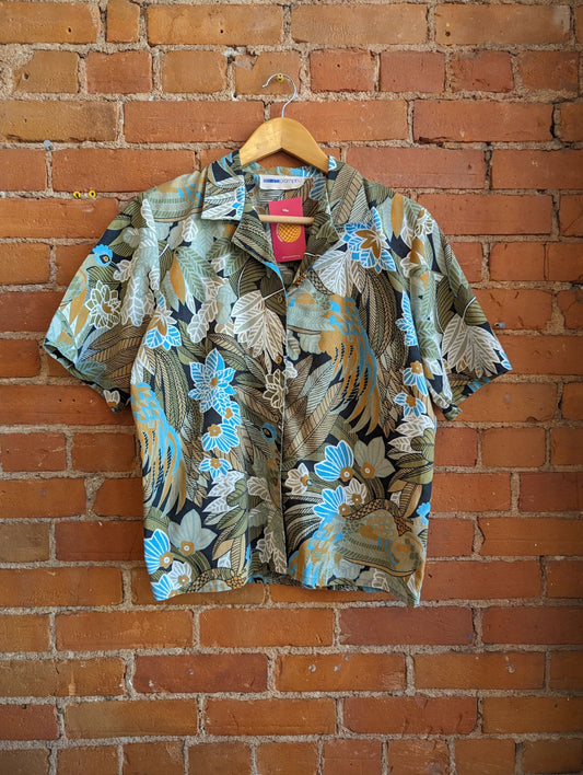 1980s Impromptu Blue and Green Leaf Print Short Sleeve Button Down