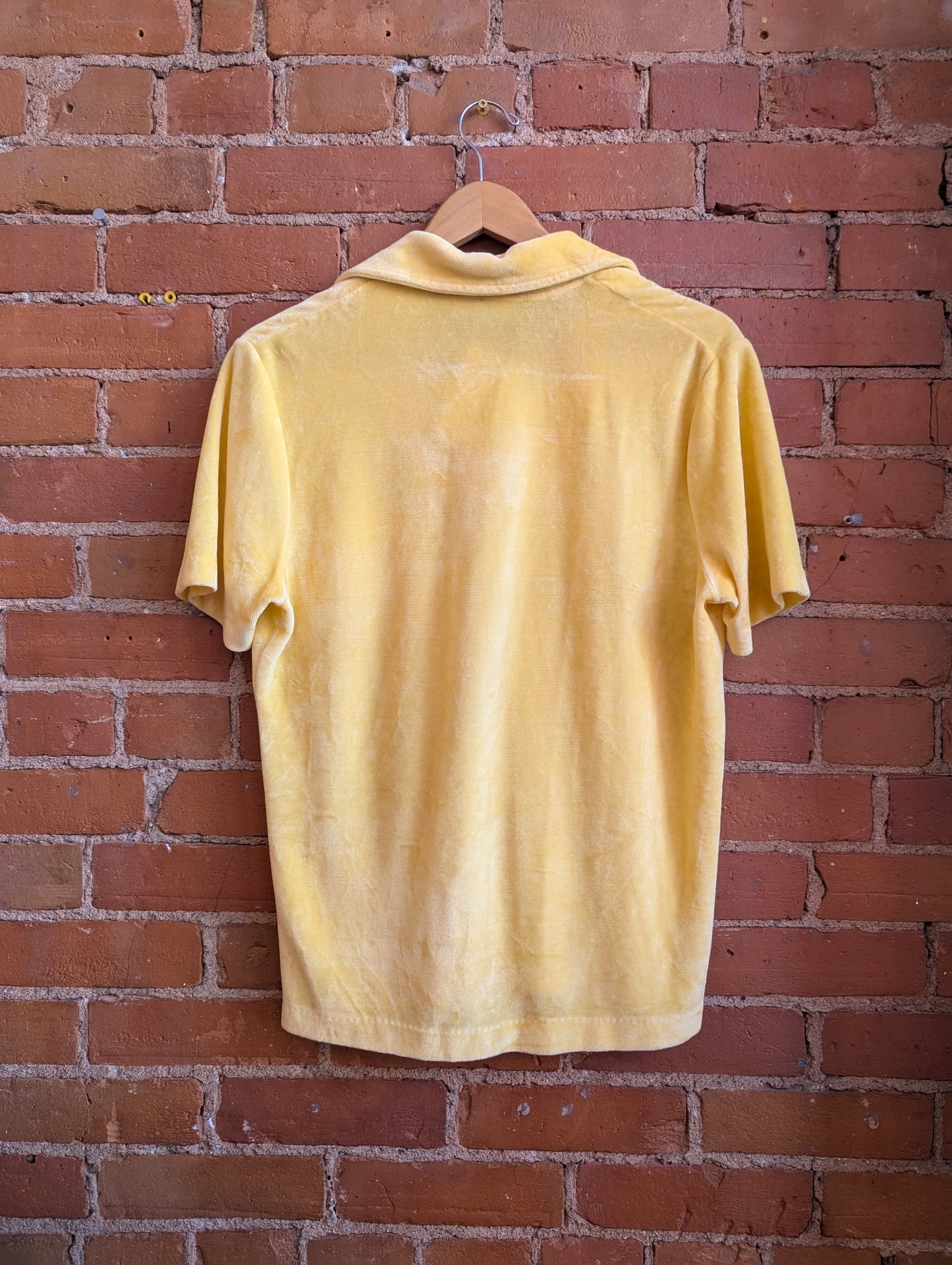 1970s Paulo Conti Golden Yellow Velour Short Sleeve Collared Top