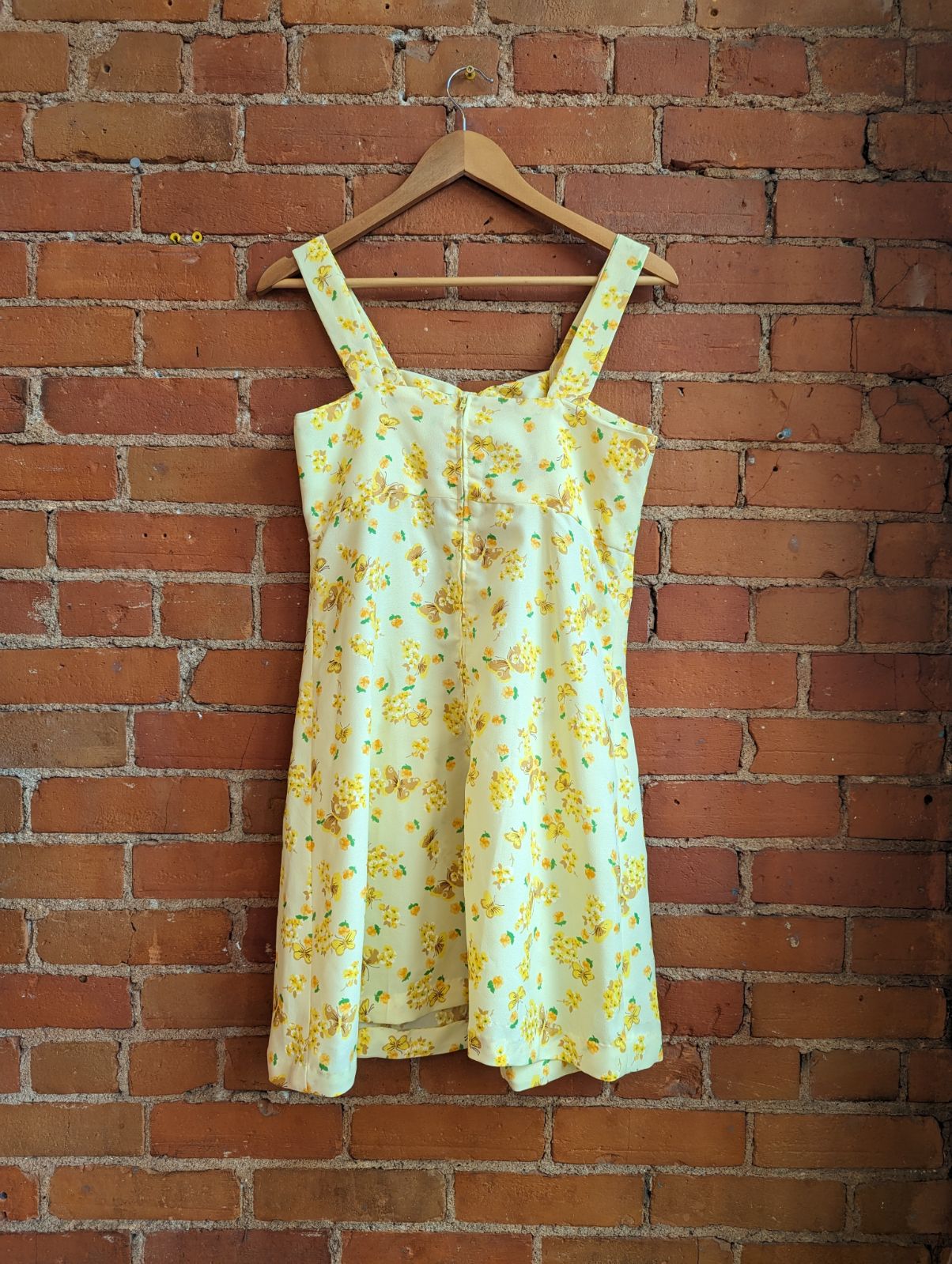 1970s Pale Yellow Butterfly Print Mini Dress