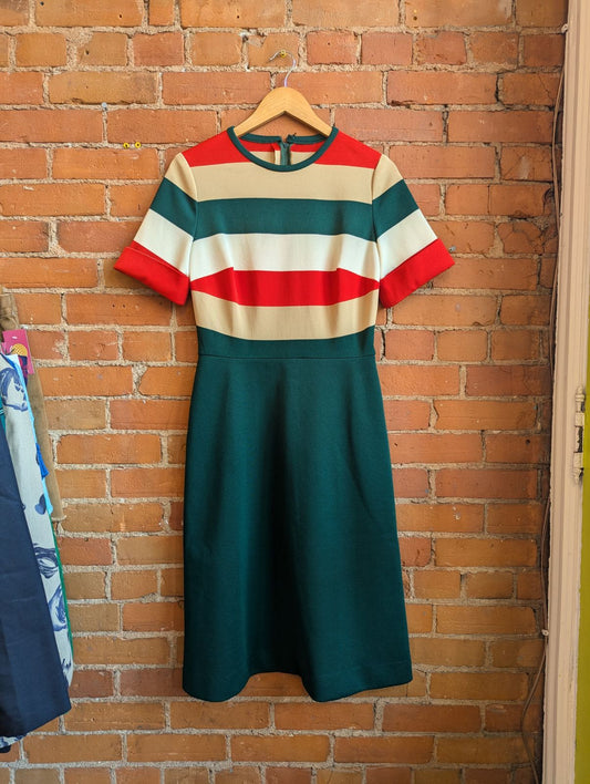 1970s Julie Miller Red, Brown, Green and White Striped Dress