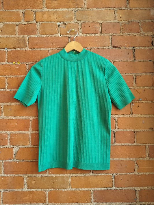 1970s Paris Star Green Ribbed Short Sleeve Top
