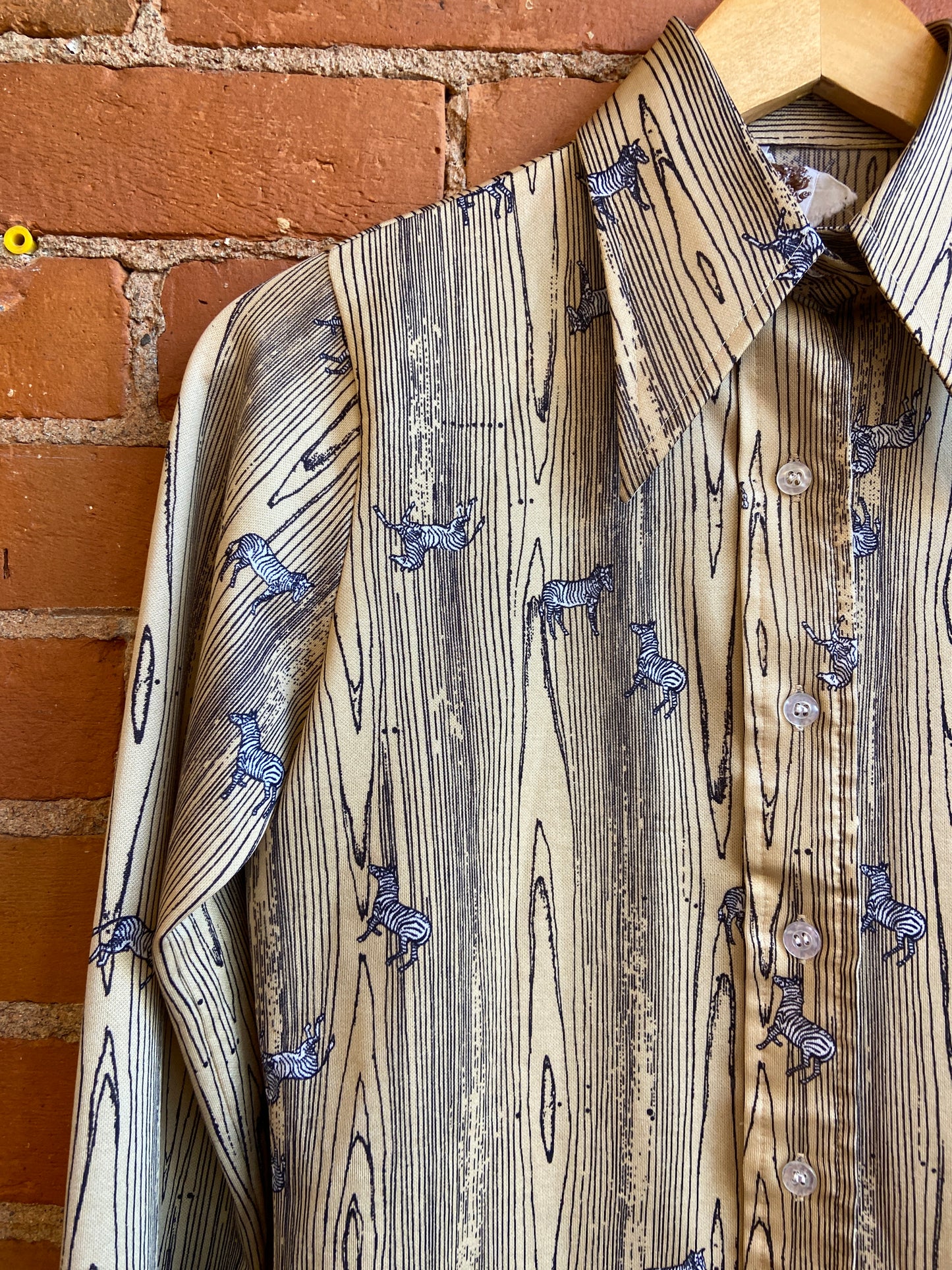 1970s Wayne Taylor Dagger Collar Shirt With Faux Woodgrain and Zebra Print