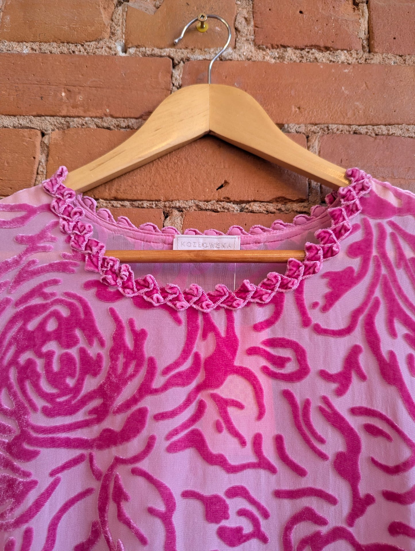 1990s Kozlowska Pink Sheer Bell Sleeve Top With Velvet Rose Pattern