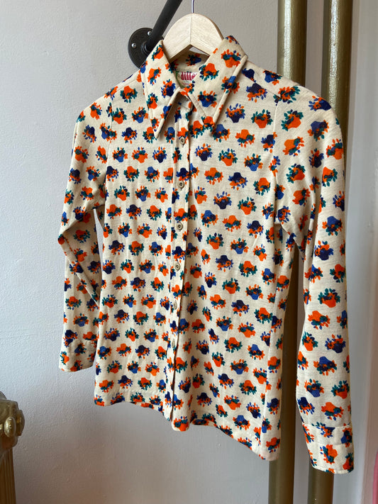 70's Blue & Orange Flower Basket Print Button-Up