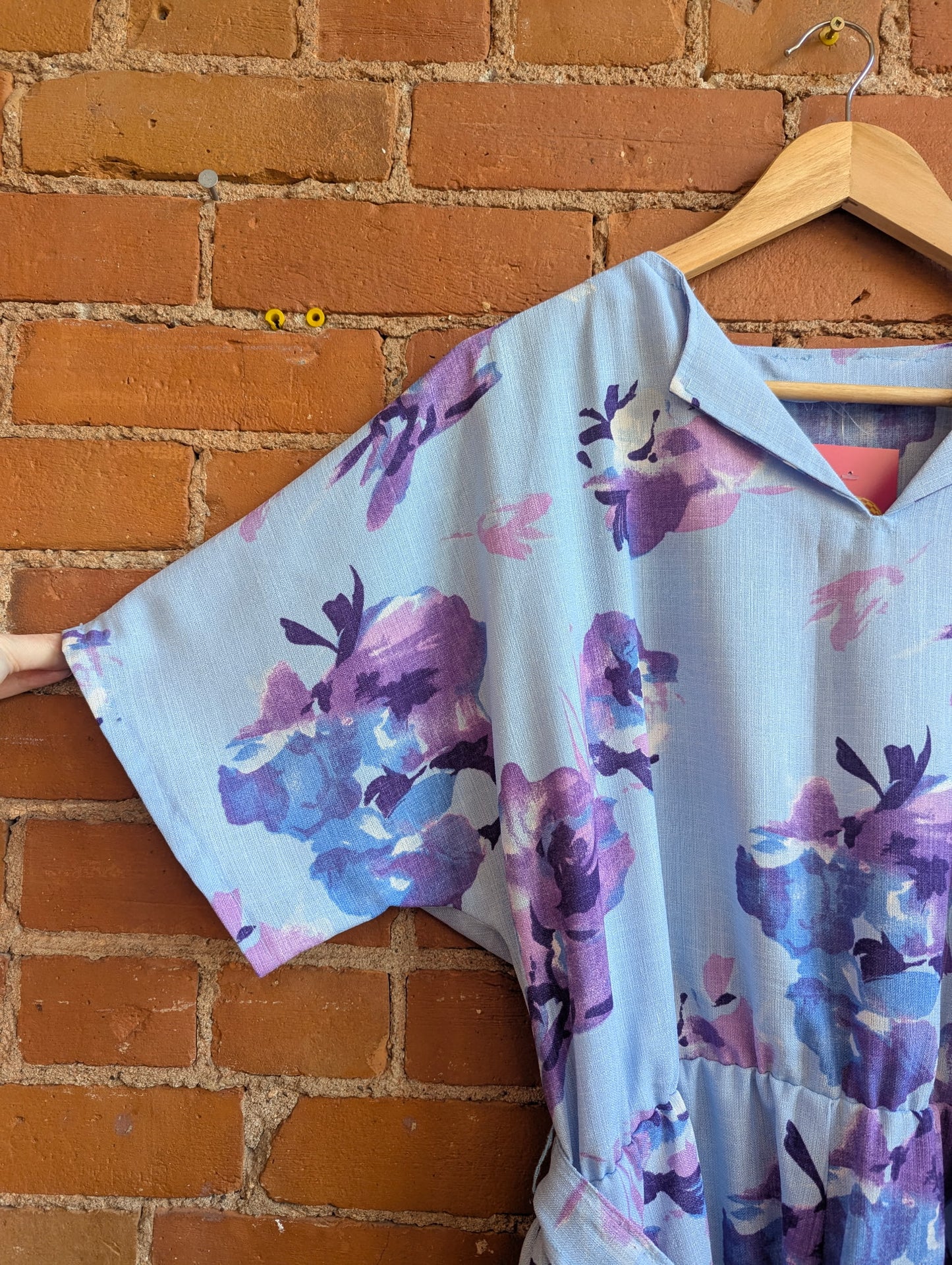 1970s Blue Barkcloth Dress With Purple, Blue and White Floral Print