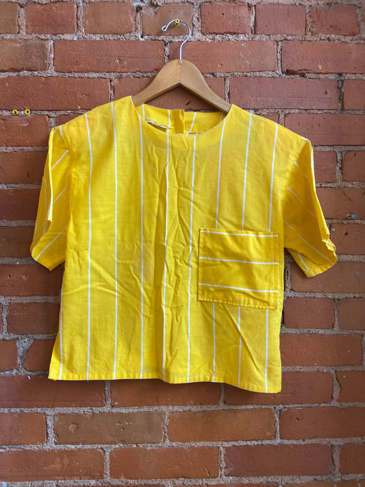 1980s Yellow and White Striped Button-Back Short Sleeve Top
