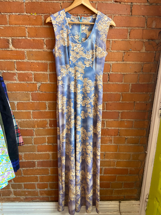 Denim Blue Beige Floral Print