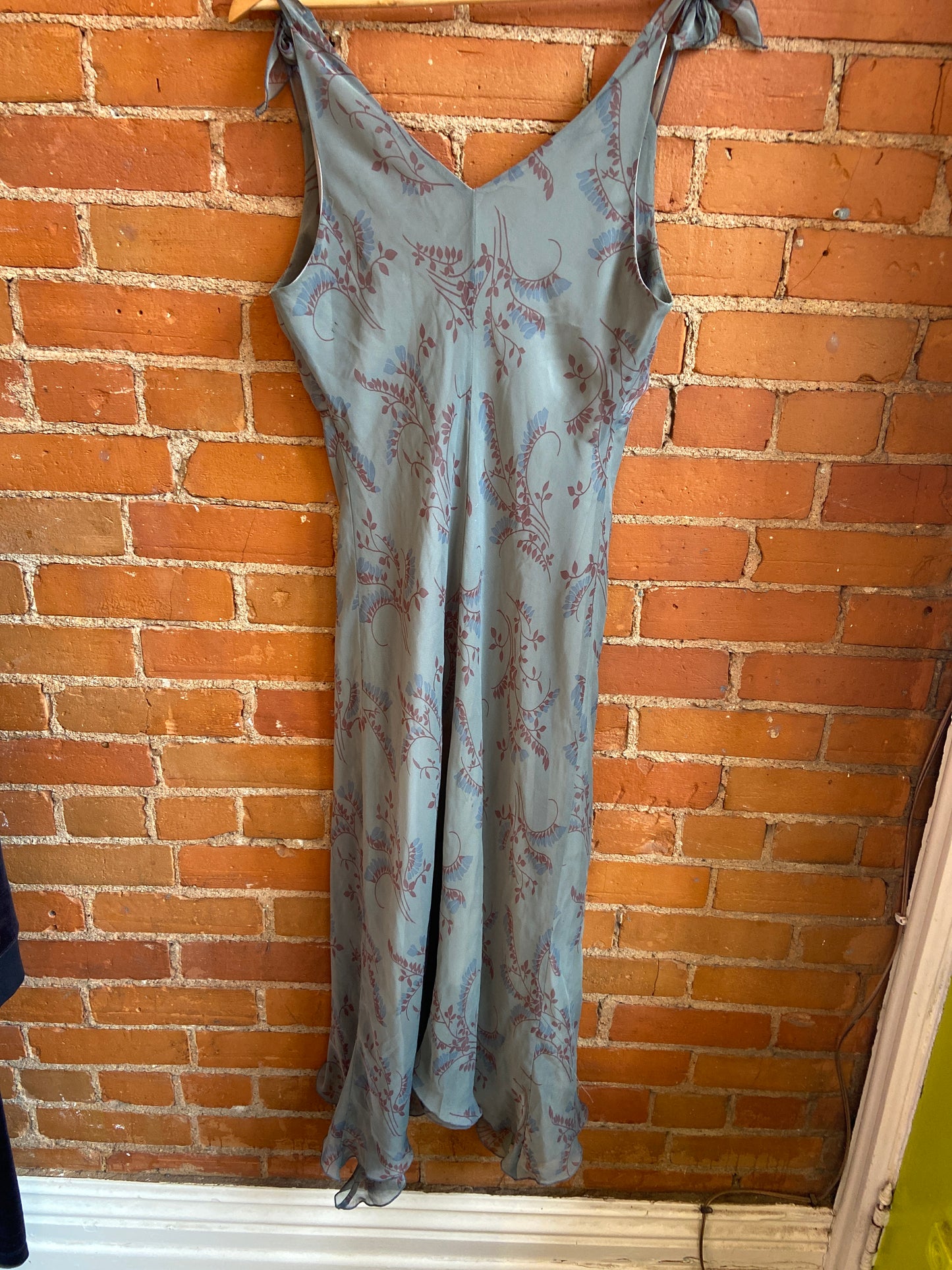 90's Muted Green & Brown Sheer Floral Dress