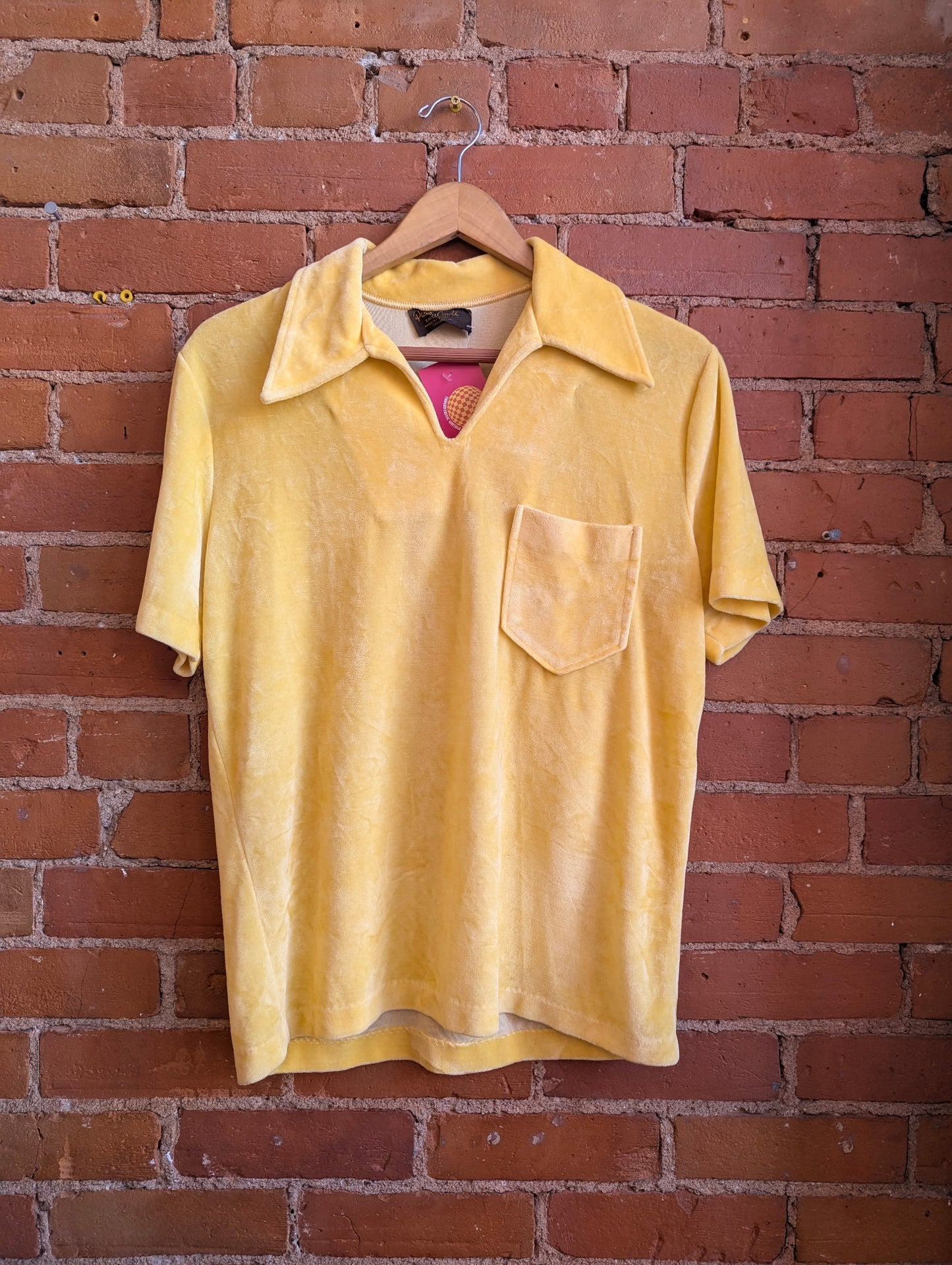 1970s Paulo Conti Golden Yellow Velour Short Sleeve Collared Top