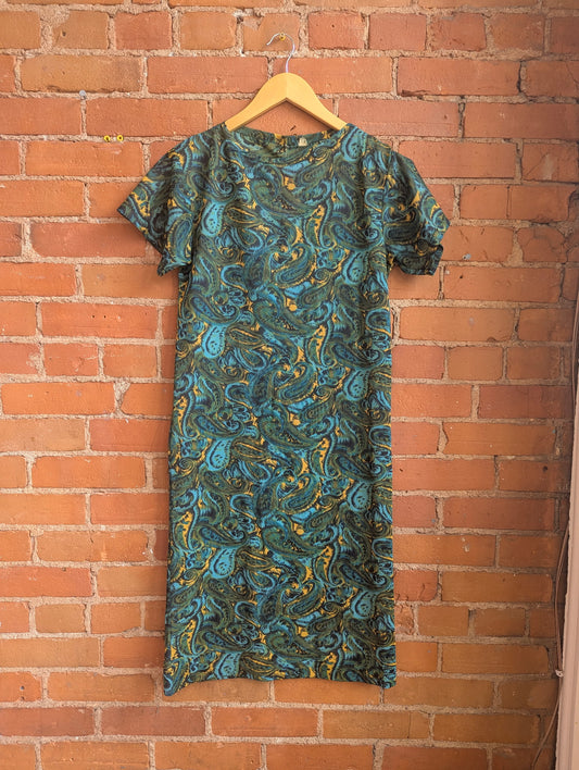 1960s Blue, Green and Yellow Paisley Print Shift Dress