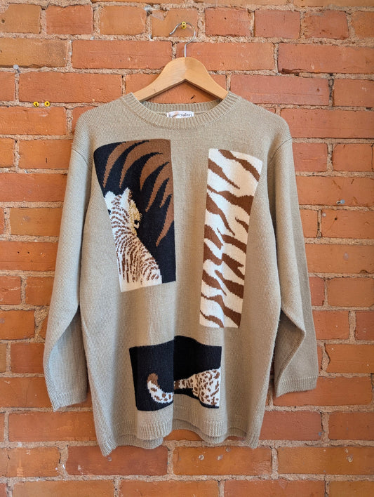 1980s Franco Valeri Brown Wool Blend Sweater With Tiger Graphics