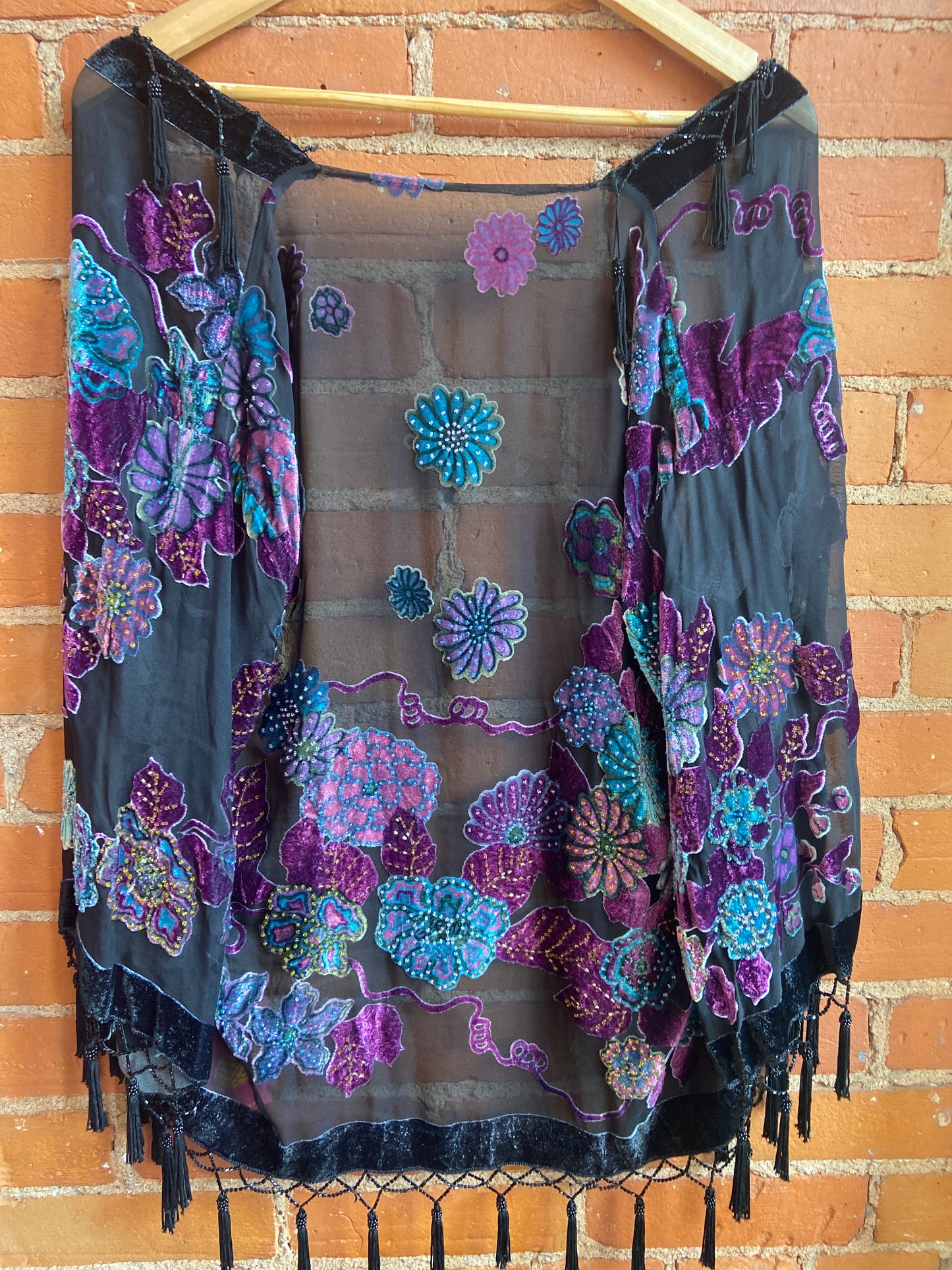 1990s Jinjaio Black Sheer Cardigan With Velvet Burnout Floral Print and Bead and Tassel Accents