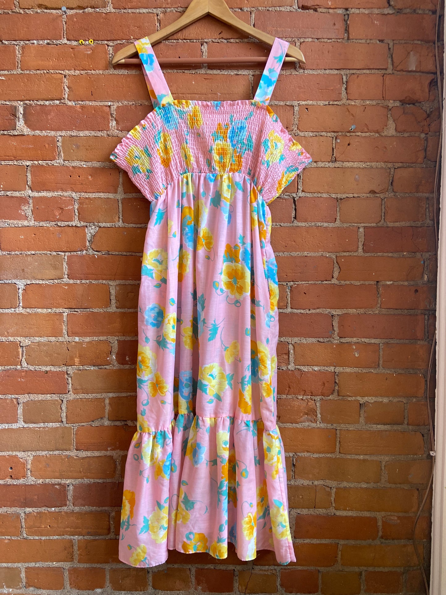 1970s Baby Pink Floral Print Midi Dress With Smocked Bodice and Ruffled Hem