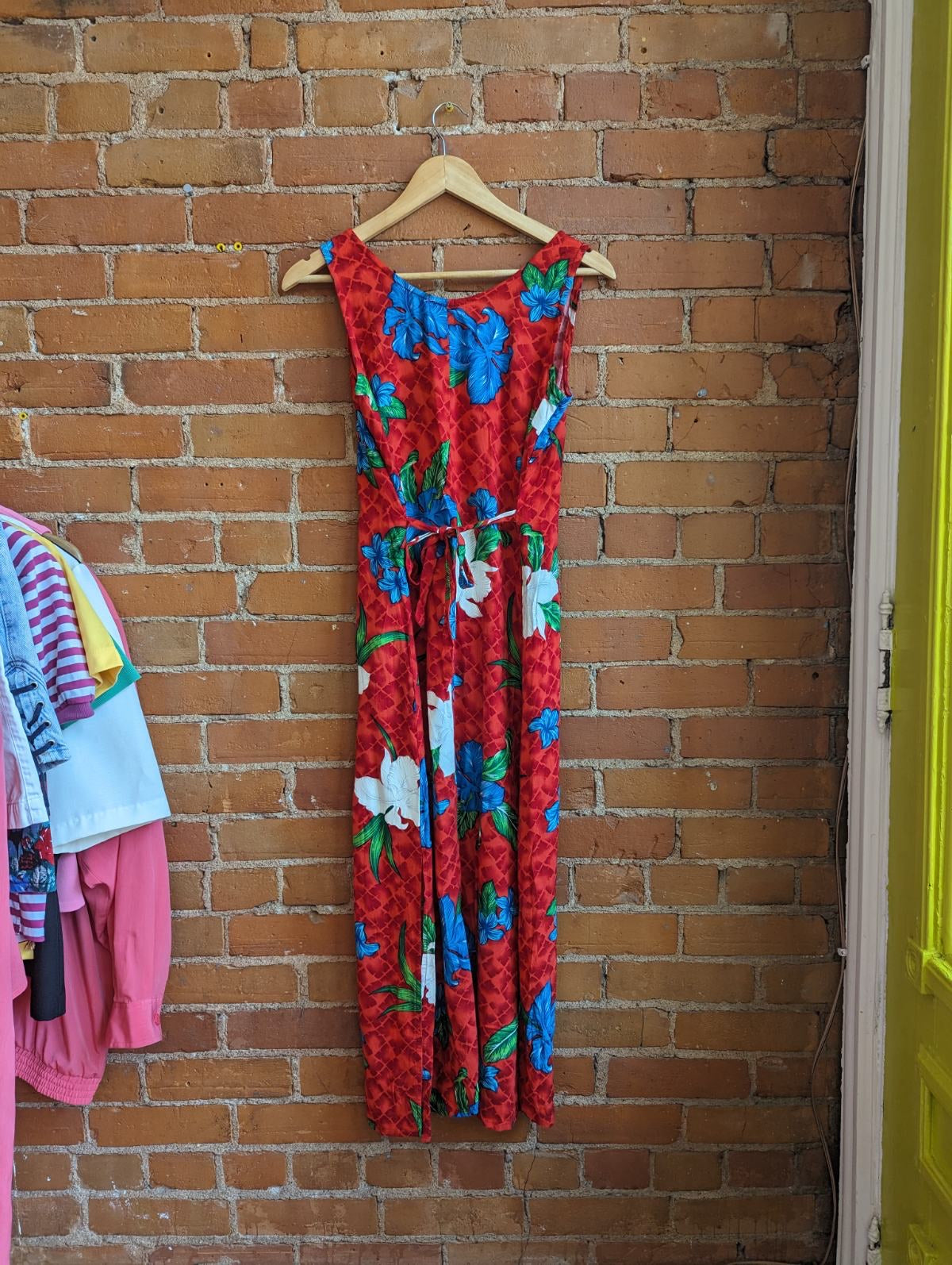 1990s Thums Up Red Hibiscus Print Maxi Dress
