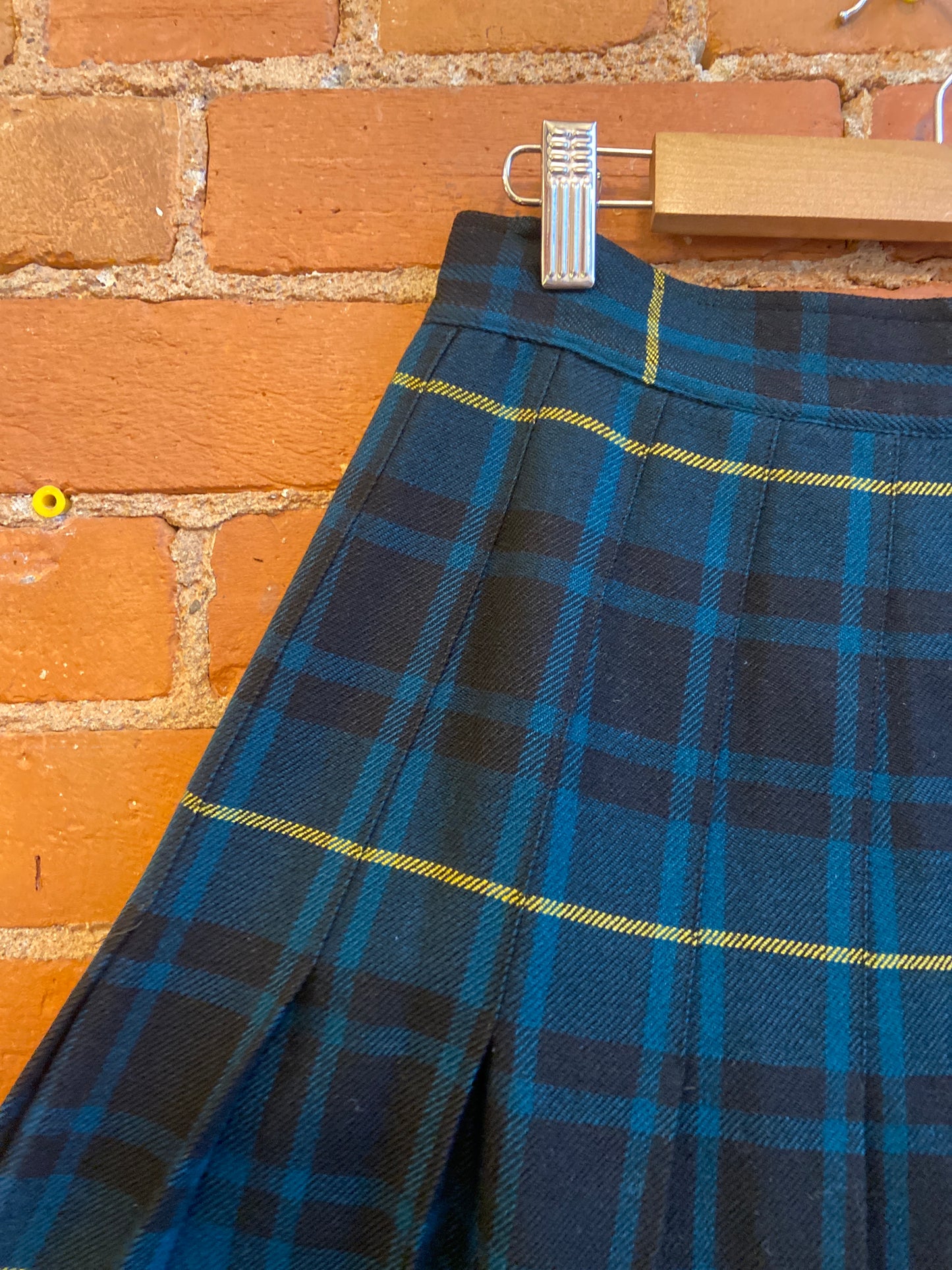 1960s Pleated Wool Skirt With Green, Yellow and Black Plaid Pattern