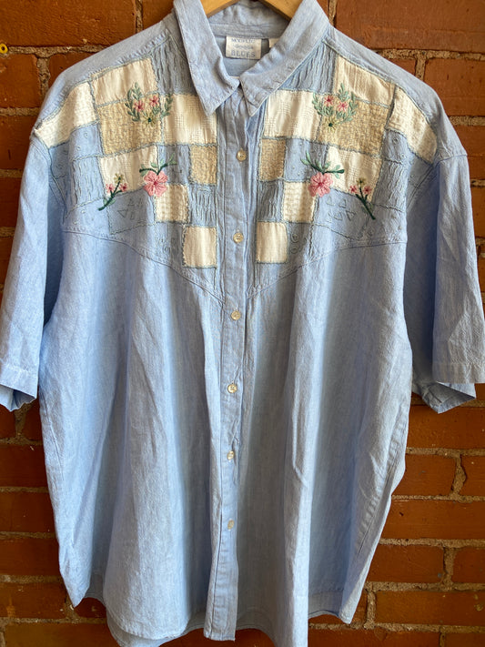 Cottagecore Light Blue Embroidered Button-Up