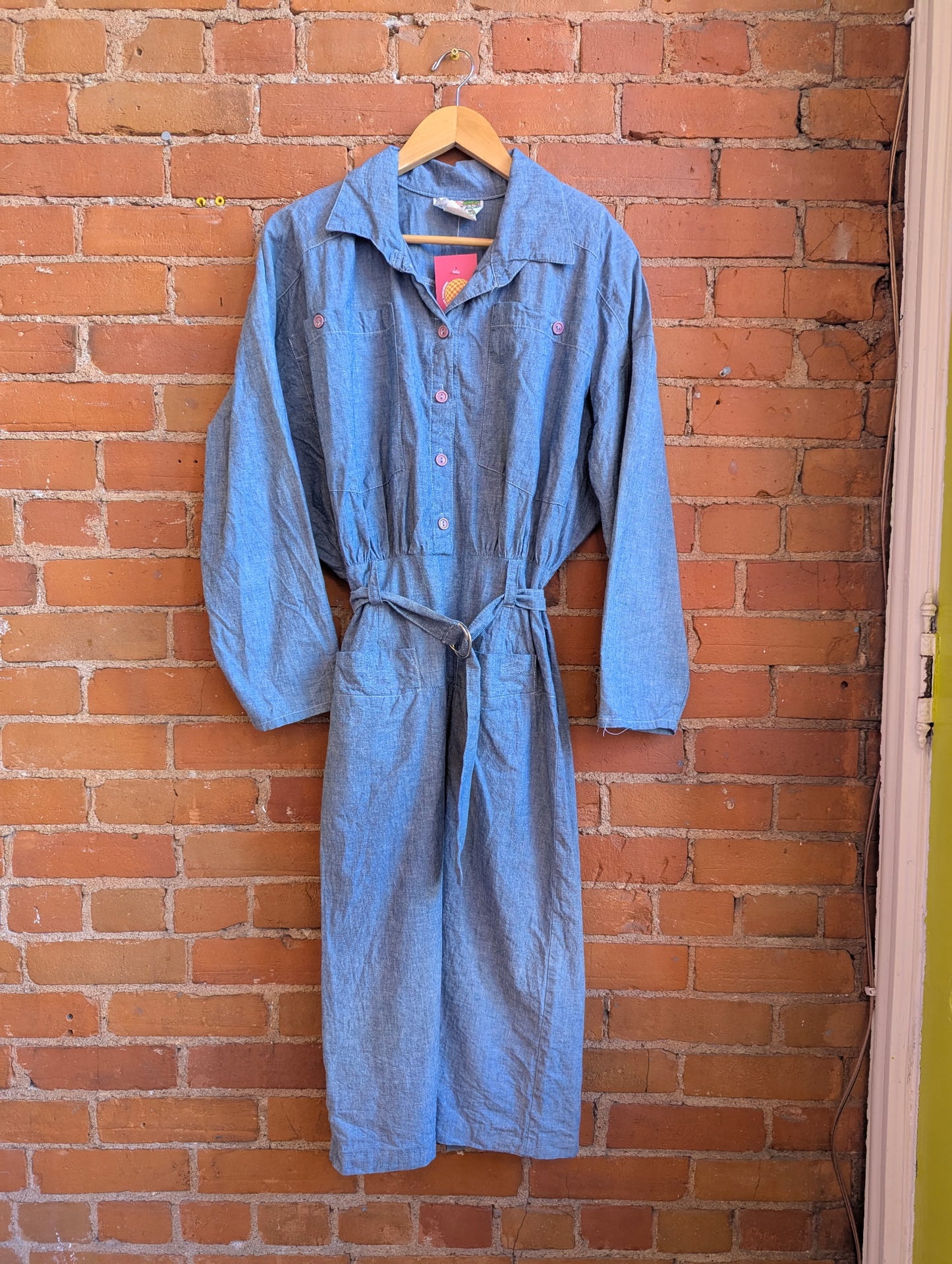 1980s Rampage Blue Chambray Midi Length Shirtdress With Button Back and Belt