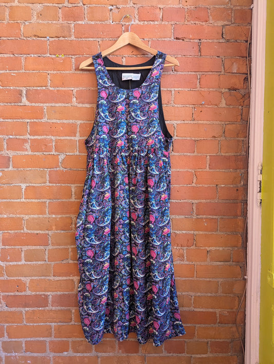 1990s Northern Traditons Pinafore Midi Dress With Floral and Paisley Print