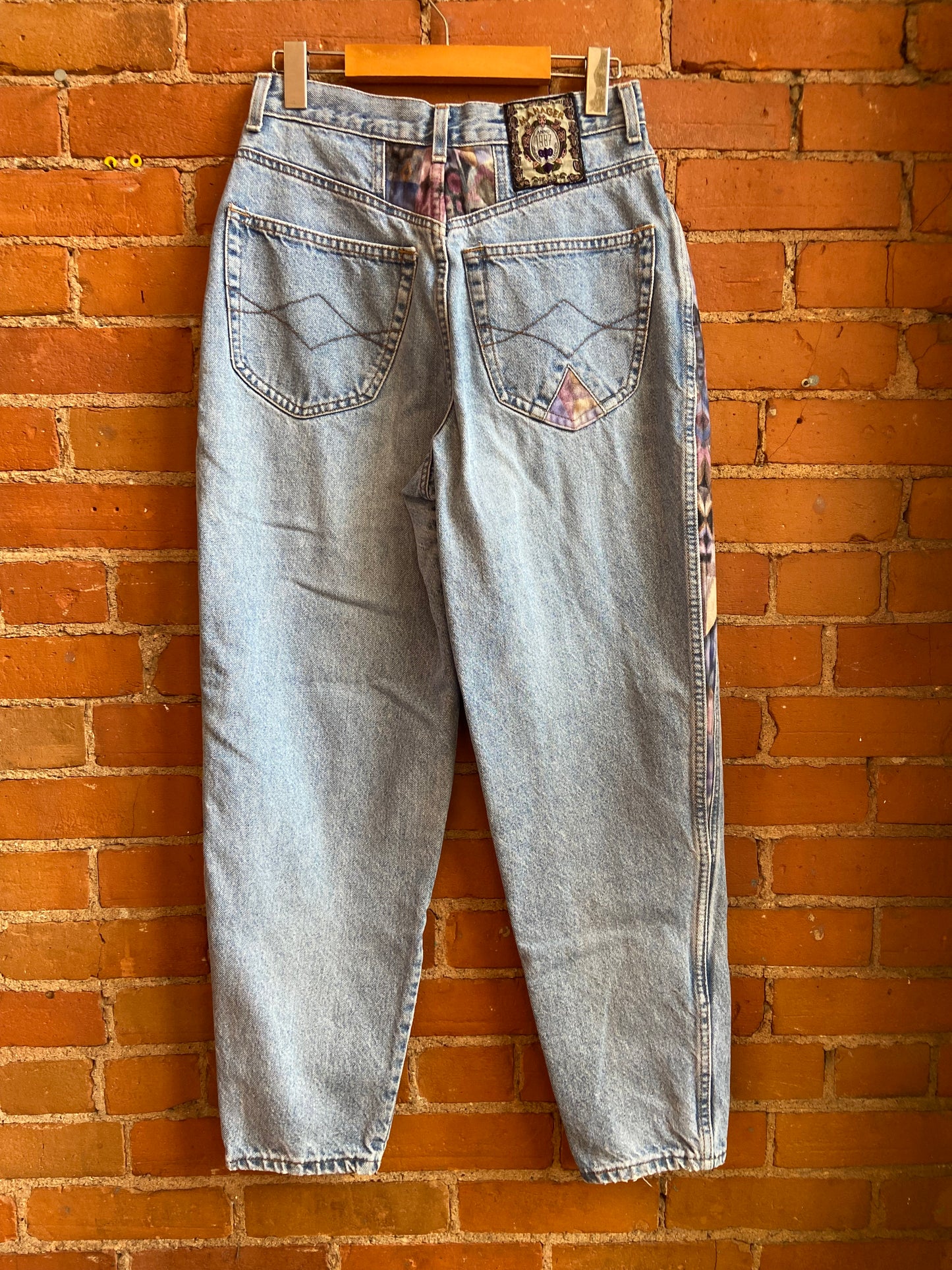 1990s Manager Light Wash, High Rise Jeans With Fuzzy Geometric Print Panels