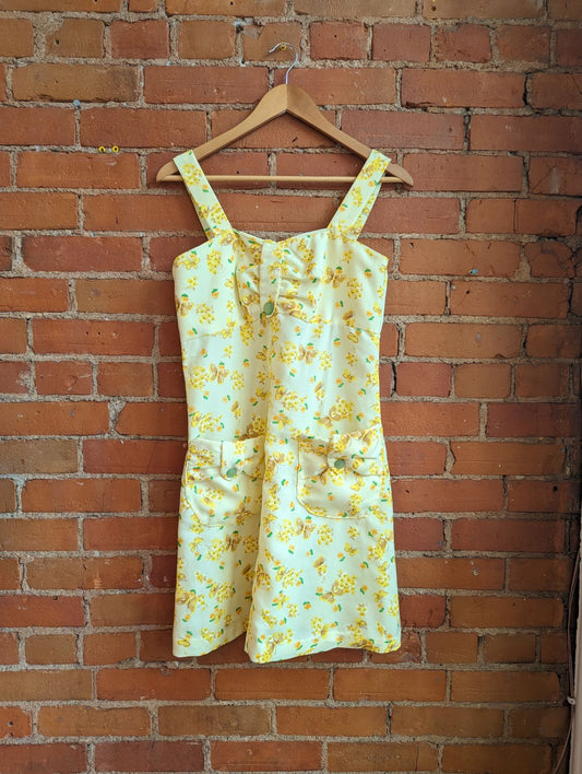 1970s Pale Yellow Butterfly Print Mini Dress