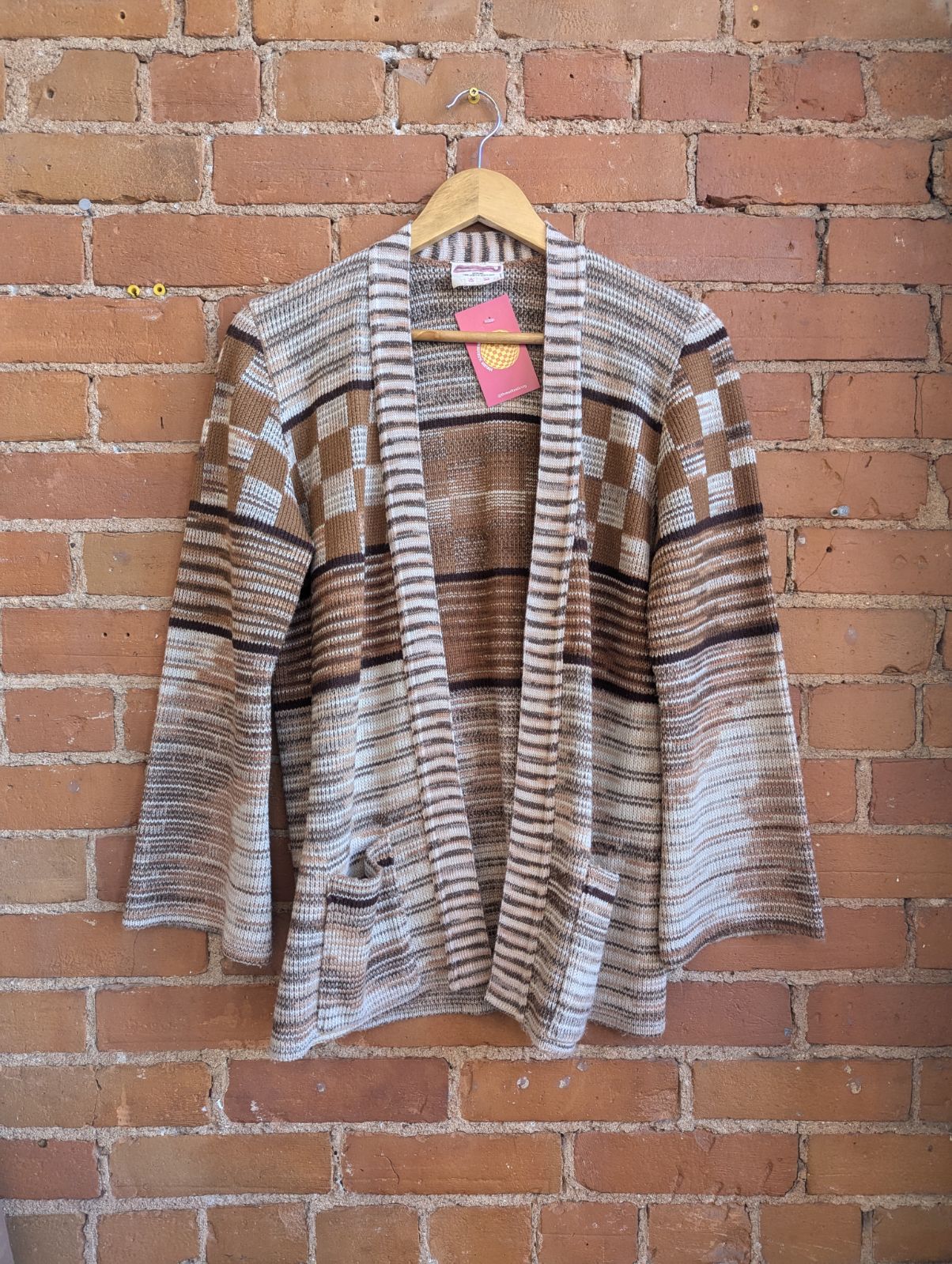 1970s Excelsior Brown Striped and Checkered Cardigan With Bell Sleeves