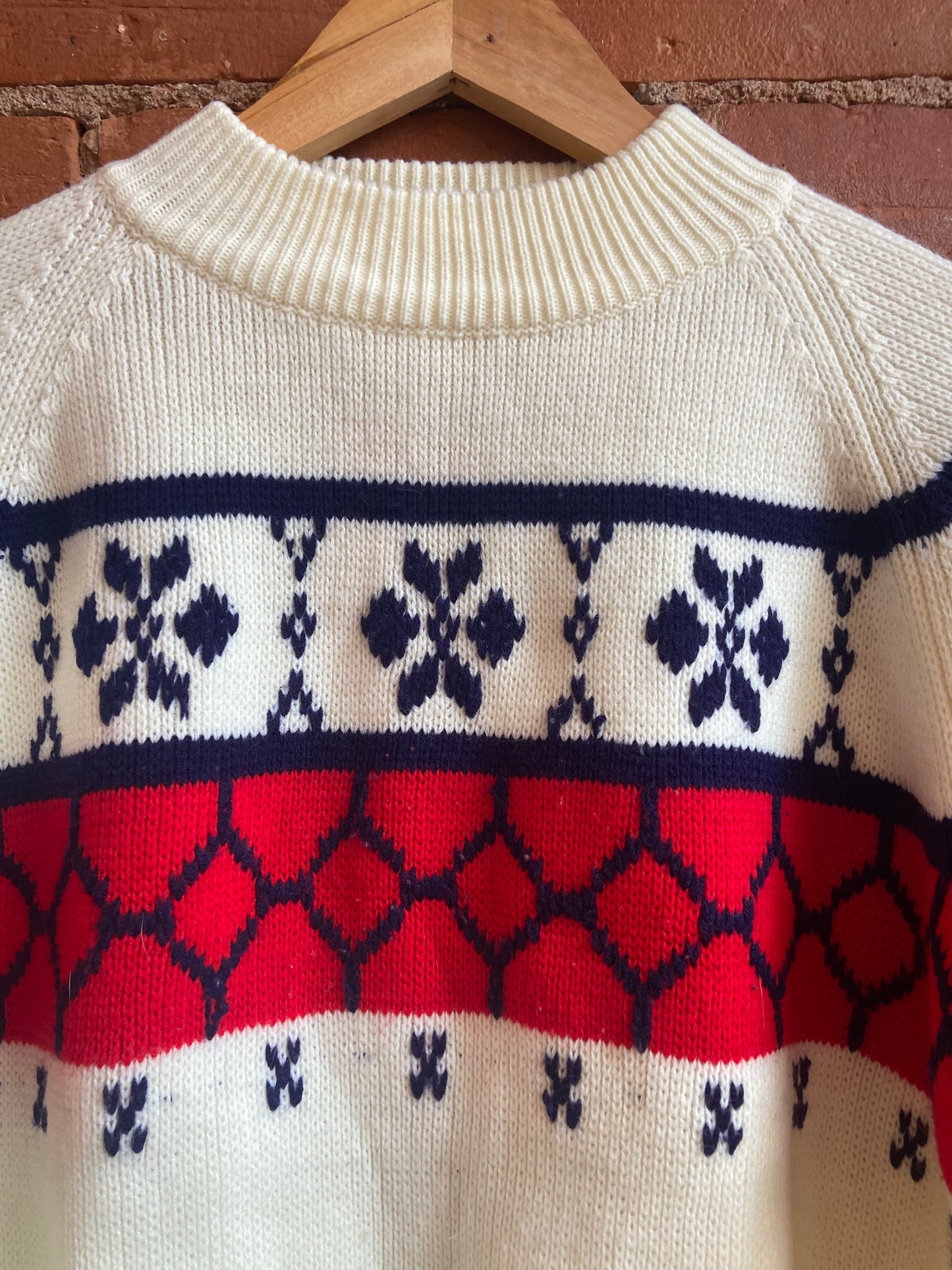 1970s Kmart Cream Sweater With Red and Blue Fairisle Pattern
